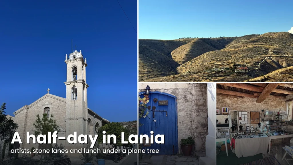 Lania village, Cyprus: we walked into every open door Collage of Lania village in Cyprus: church bell tower, golden hills, blue door and a jewellery studio, titled A half-day in Lania