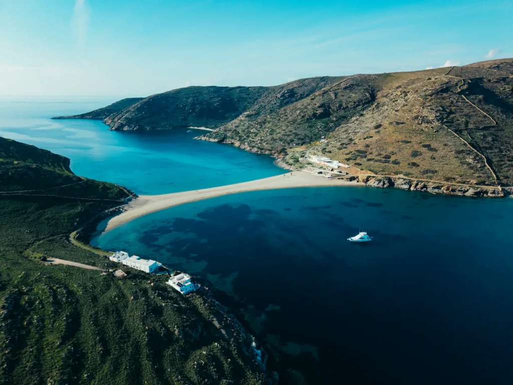 Kythnos: Where to Base Yourself and How to Get Around Aerial view of Kolona beach, the sandbar on Kythnos