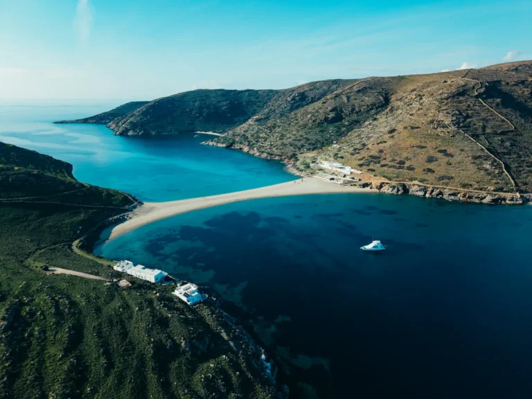 Aerial view of Kolona beach, the sandbar on Kythnos, Cyclades