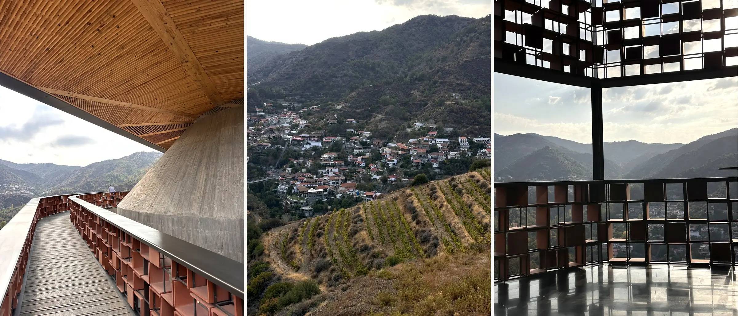 Kalopanayiotis village, a vineyard slope and the winery terrace in the Troodos Mountains